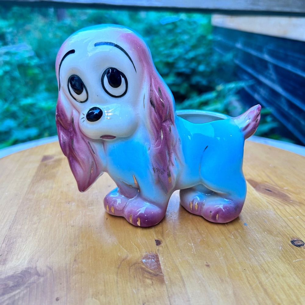 Vintage Sad Eyes Dog Planter Ceramic Puppy Pink Blue Iridescent Lusterware Japan